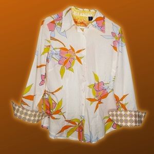 SOLD ROBERT GRAHAM Floral Flip Cuff Beaded Embroidered Button Down Women’s Top